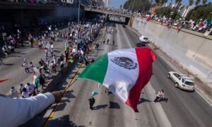 A vibrant demonstration featuring a large Mexican flag being waved by a protester, with a crowd of people holding signs gathered along a freeway underpass.